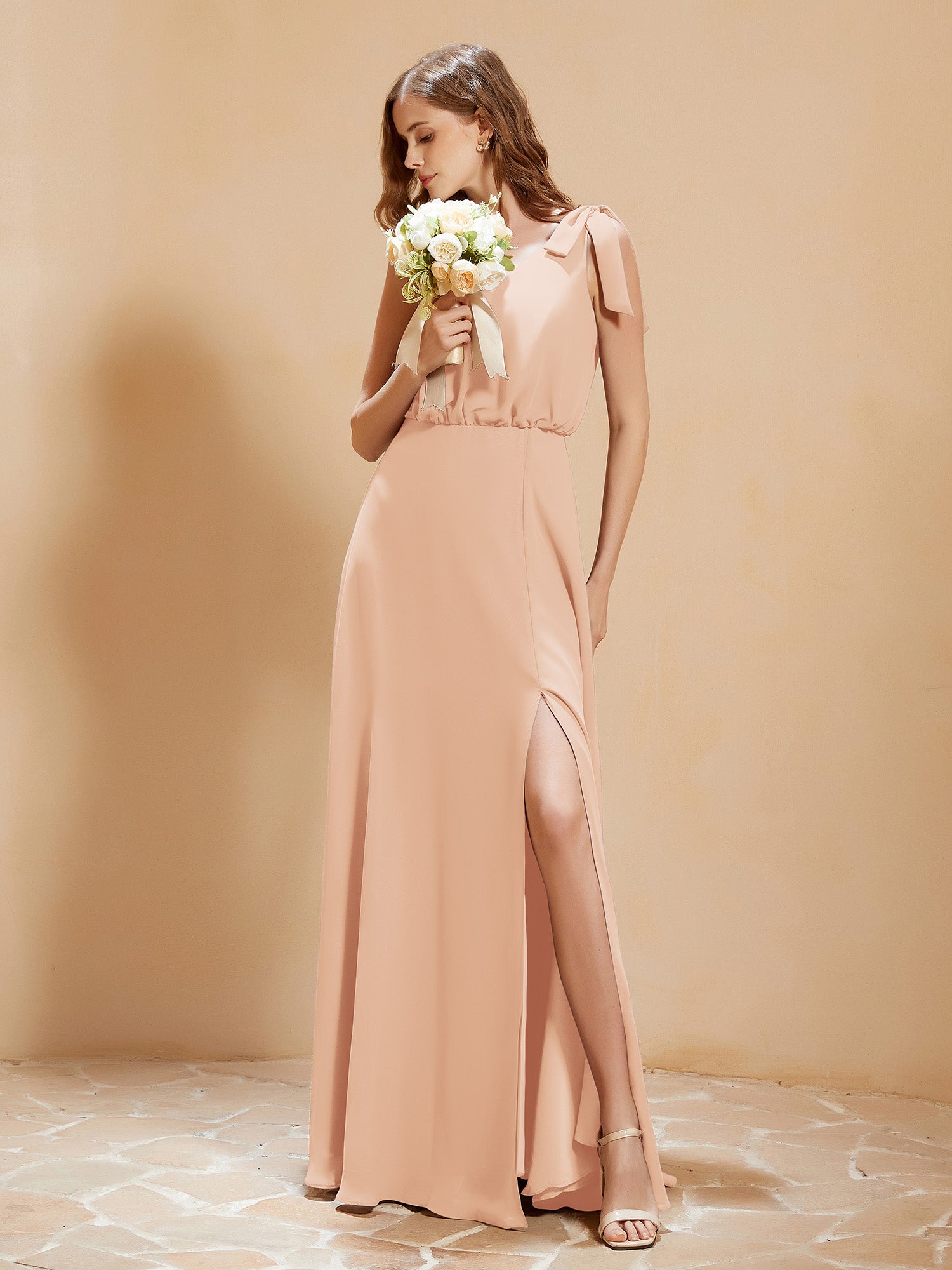 A-Line V-neck Floor-length Dress With Silt Pearl Pink